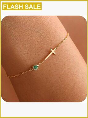 Adjustable 14K Gold Plated Charm Bracelet with Birthstones, 7.8 Inches